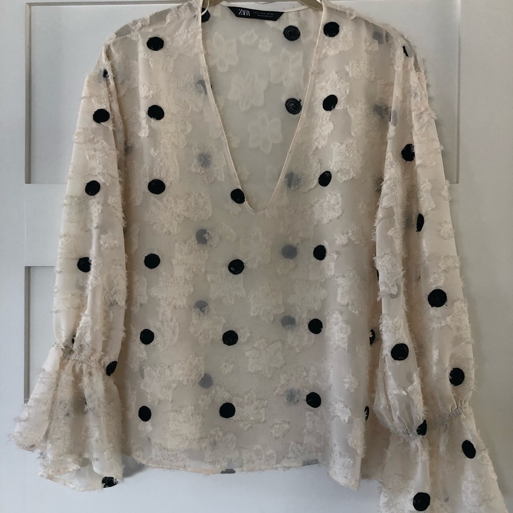 Zara BOHO Ivory V-neck Embroidered Polka Dot Top